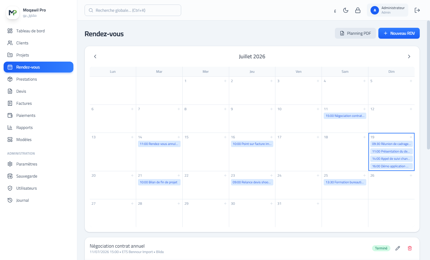Calendrier des rendez-vous