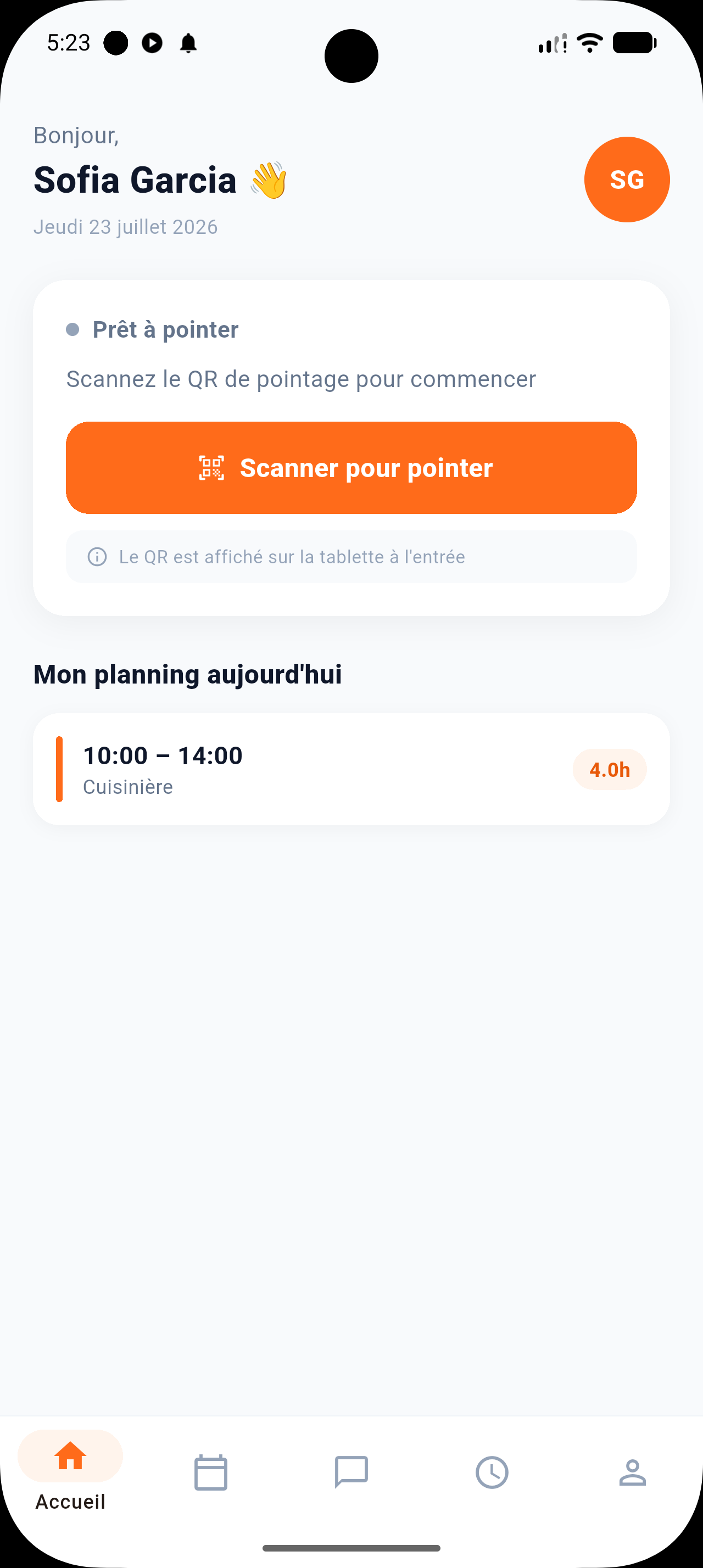 Locos Management — accueil employé, pointage QR et planning